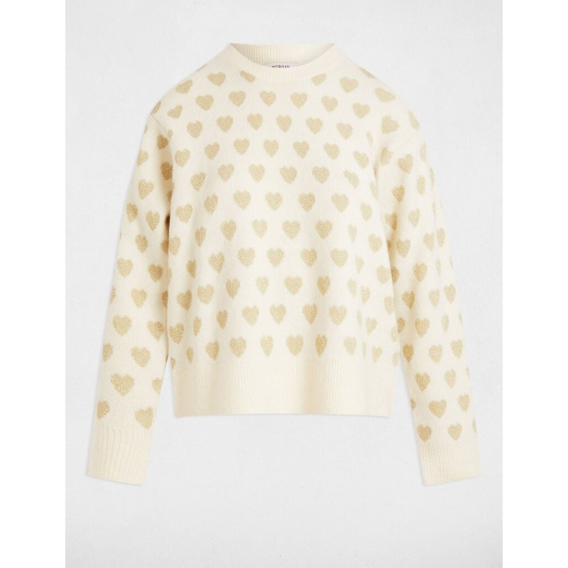 Pull col rond imprimé ivoire femme