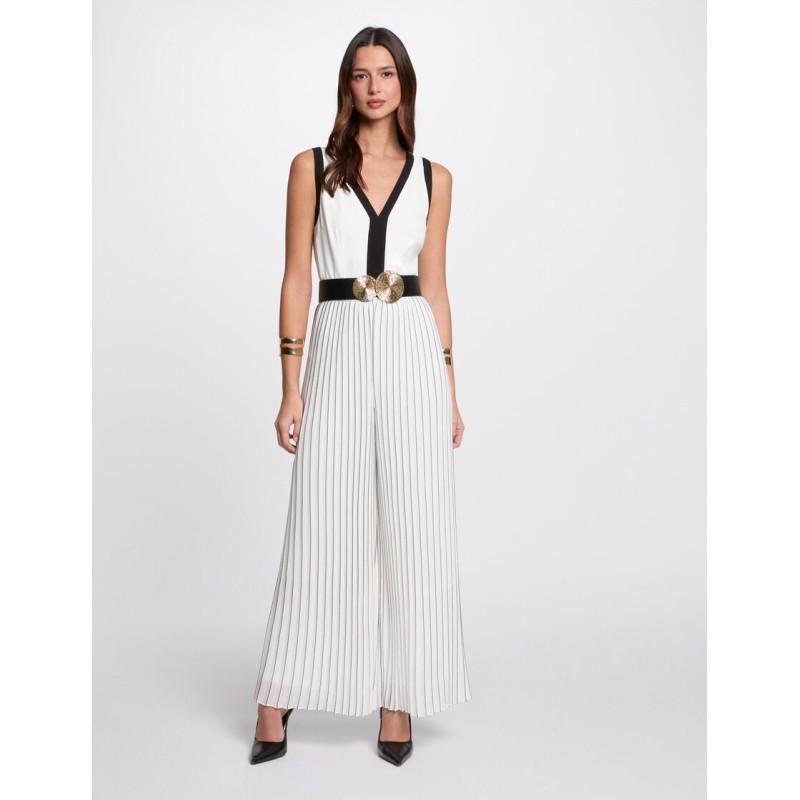 Combinaison longue plissée blanc -noir femme
