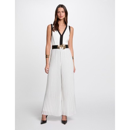 Combinaison longue plissée blanc -noir femme