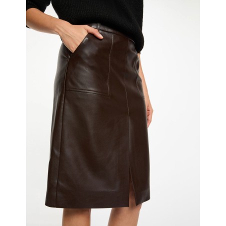 Jupe ajustée simili cuir marron foncé femme